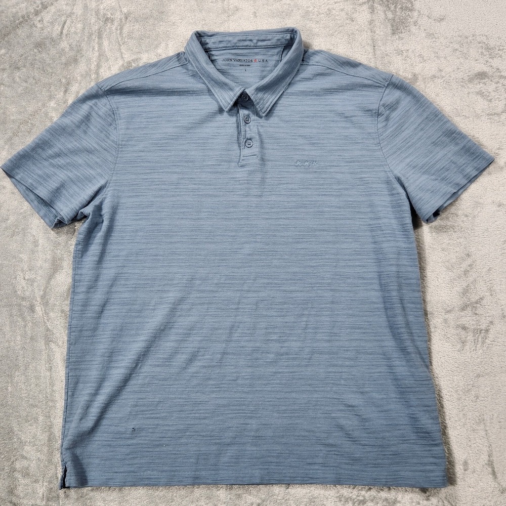 John Varvatos Polo Shirt Mens Large Striated Blue Short Sleeve 3 Stars‎ USA
